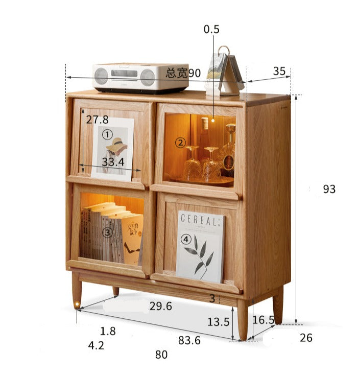 Oak, Сherry Solid Wood Four-Door Bookcase with Light, Magazine Cabinet