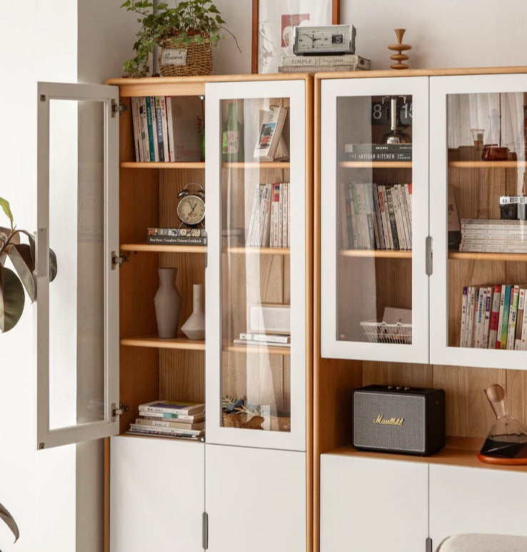 European Beech, Oak Solid Wood Floor-Standing Bookshelf with Glass Door Display