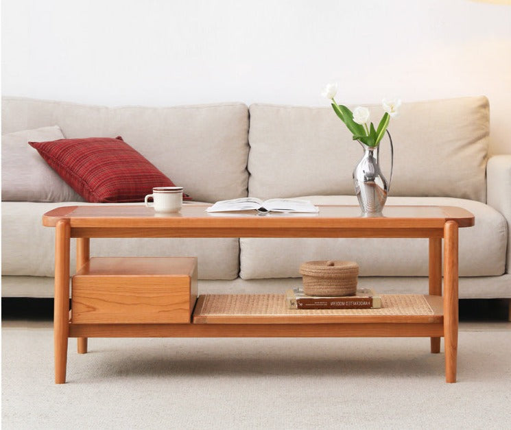 Cherry Solid Wood Coffee Table Glass, Rattan