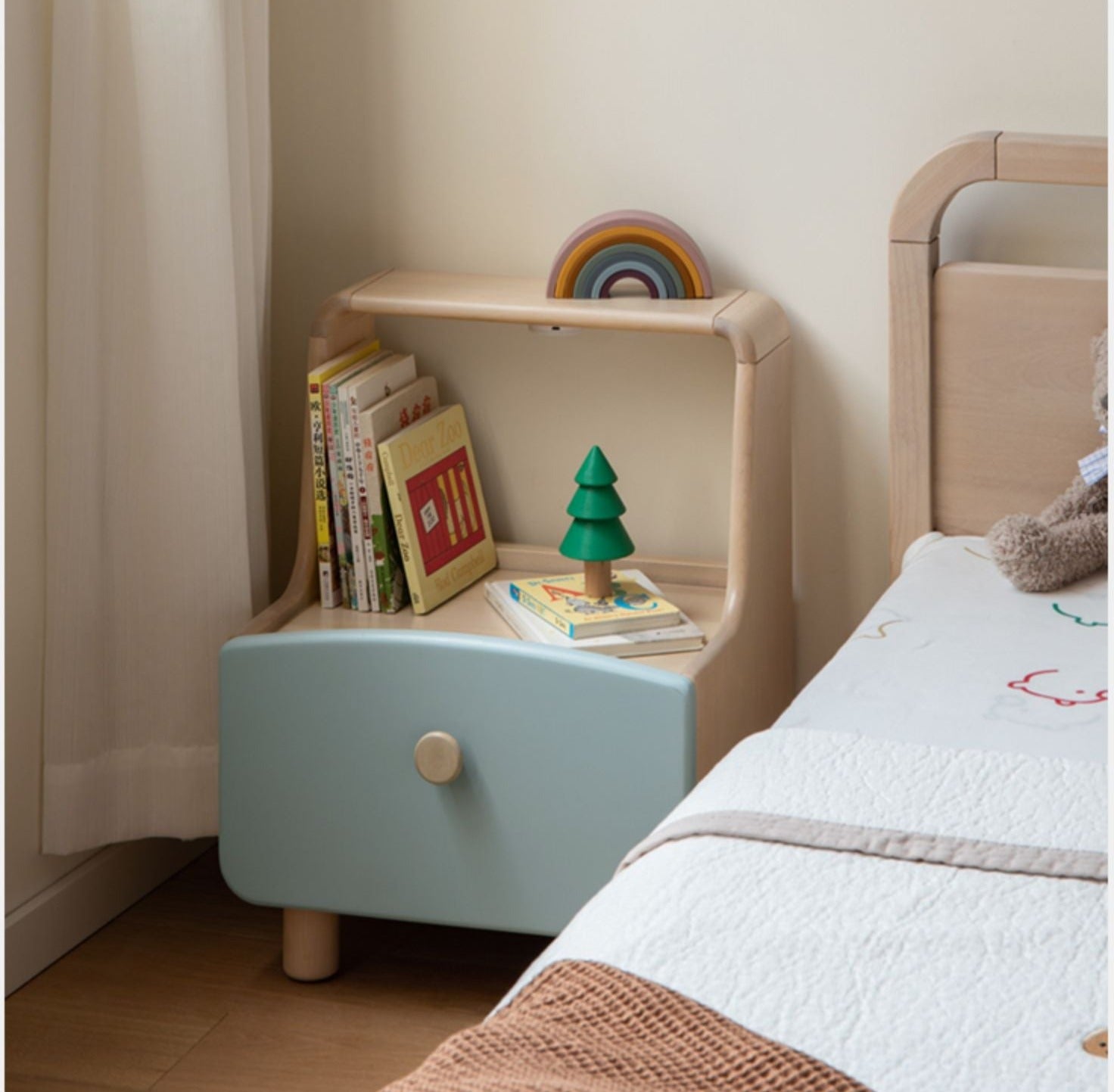 Birch, Beech Solid Wood Nightstand Built-in Night Light