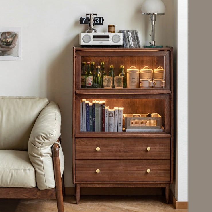 Sandalwood, Black Walnut, Oak Solid Wood Side Cabinet Flip Door LED Lights