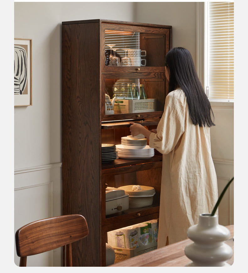 Black Walnut, Oak Solid Wood Glass Flip Door Bookcase, Side Cabinet