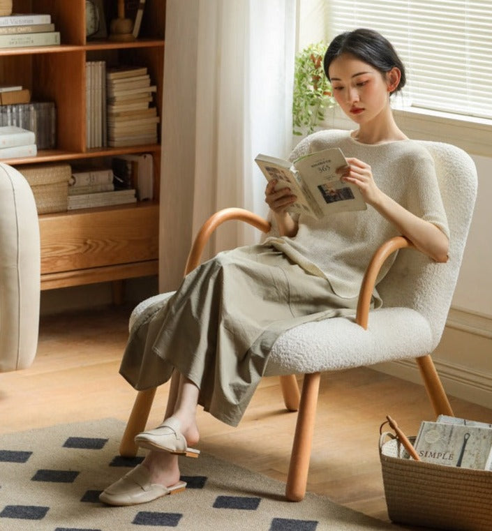 Beech Solid Wood Lamb Velvet Alpaca White Armchair)