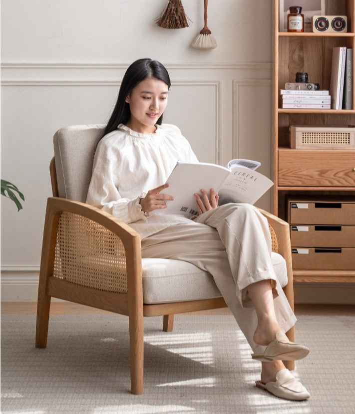 Oak Solid Wood Milky Skin Tone Armchair Rattan