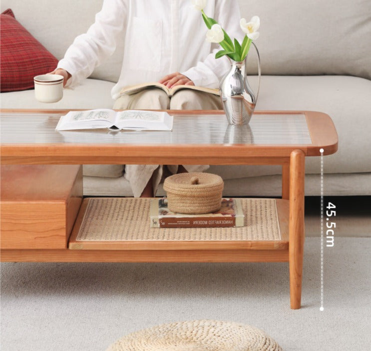 Cherry Solid Wood Coffee Table Glass, Rattan