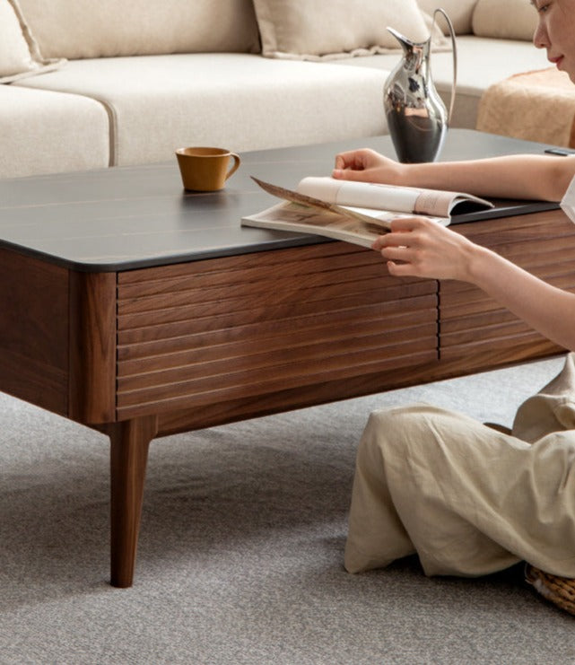 Black Walnut, Sandal Solid Wood Coffee Table with Slate Top