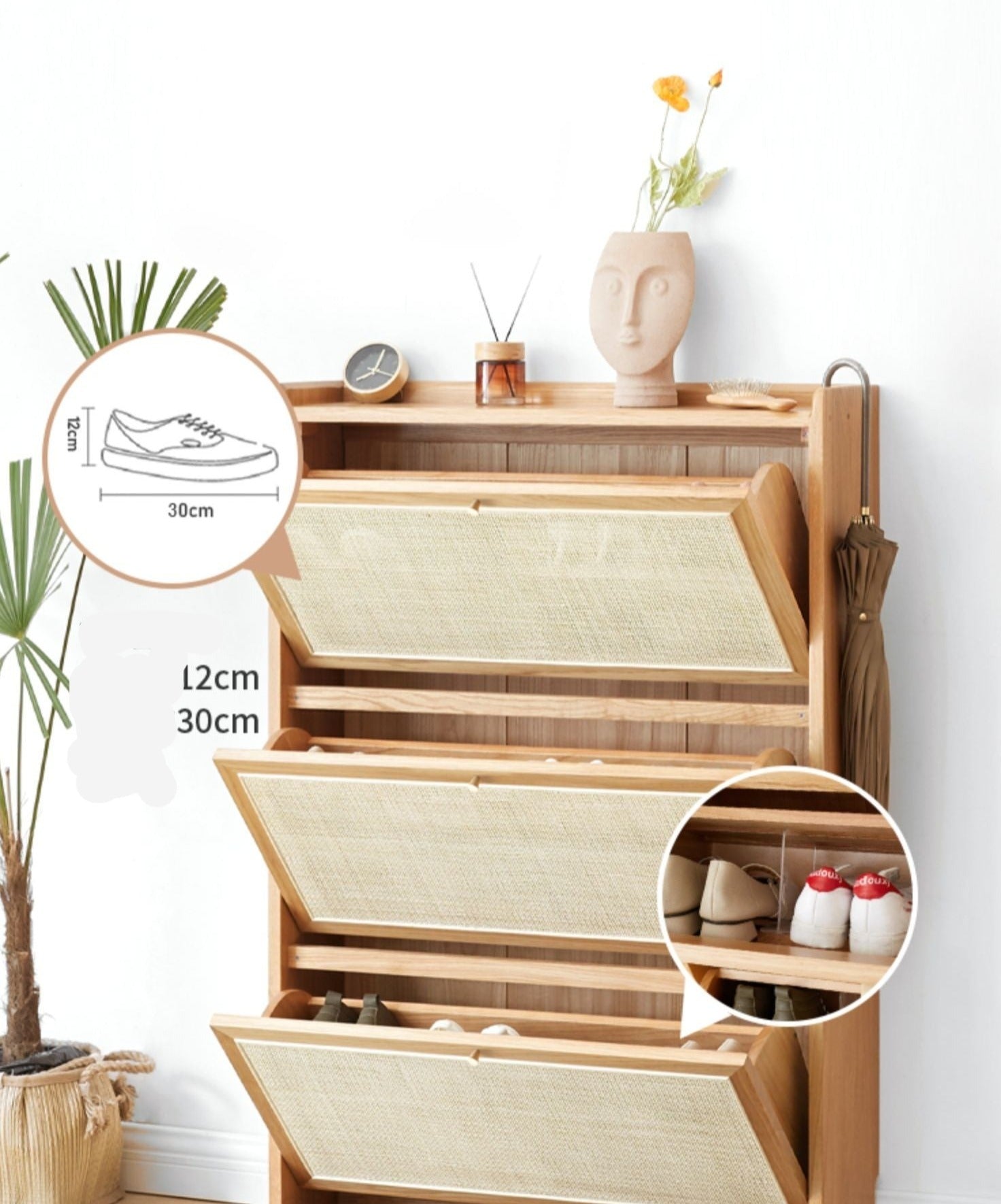 Oak Solid Wood Ultra-Thin Flap Door Rattan Shoe Cabinet