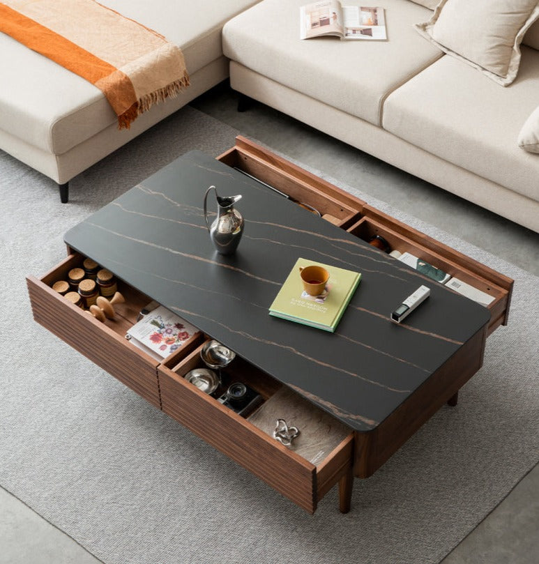 Black Walnut, Sandal Solid Wood Coffee Table with Slate Top