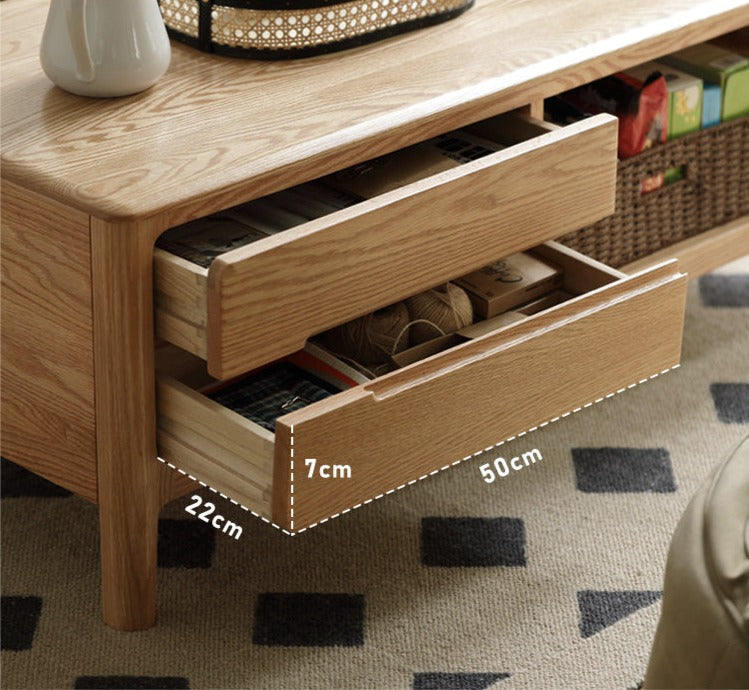 Oak, Solid Rubberwood Coffee Table Three Drawers