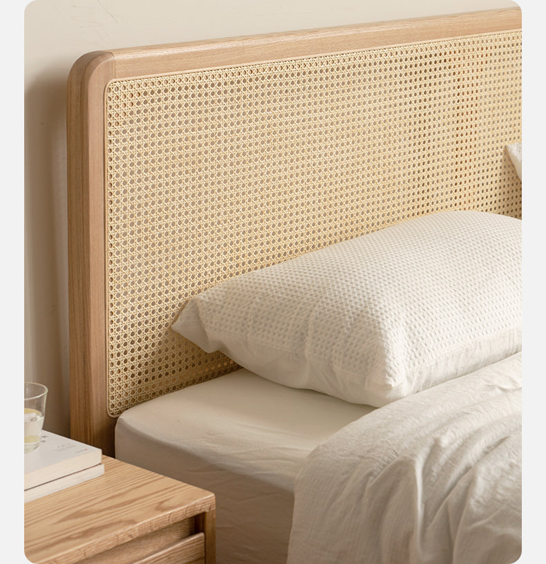 Ash Solid Wood Floor Bed Rattan