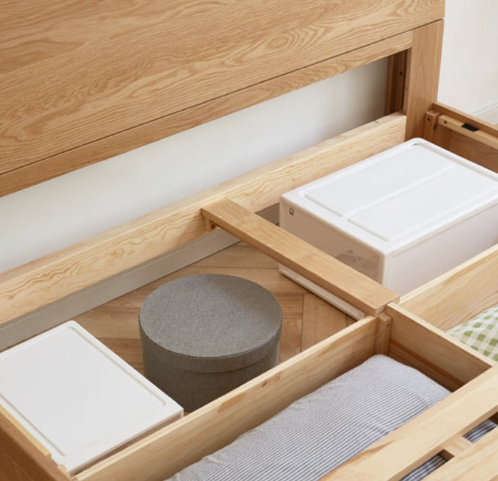 Oak Solid Wood Box Bed with Light And Bookshelf