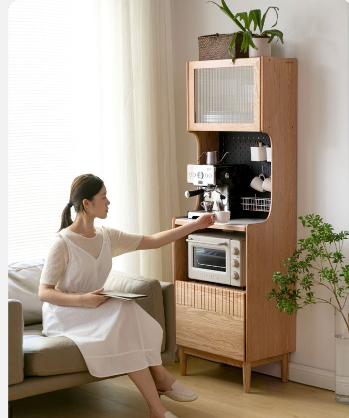 Solid RubberWood, Oak Solid Wood Sideboard Rock Board LED Light