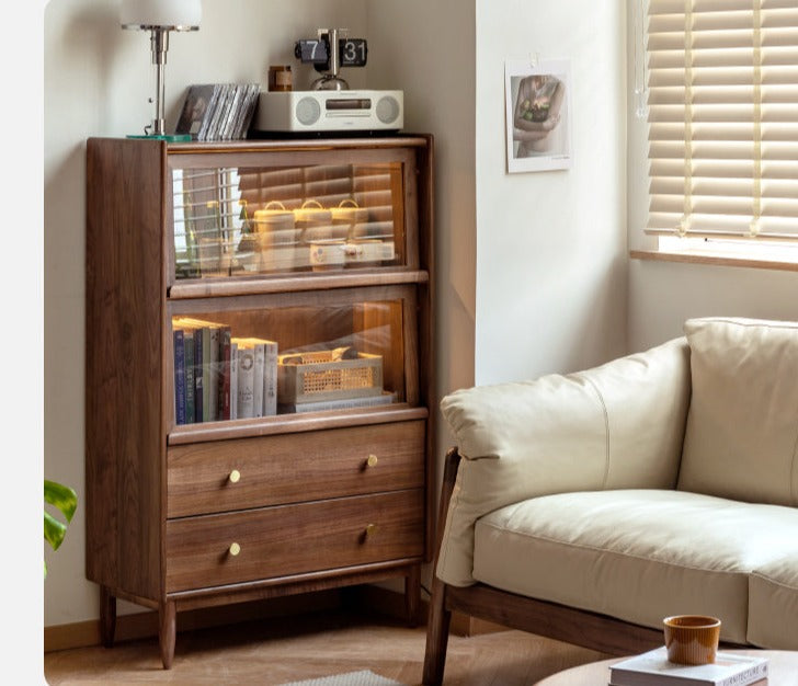 Sandalwood, Black Walnut, Oak Solid Wood Side Cabinet Flip Door LED Lights