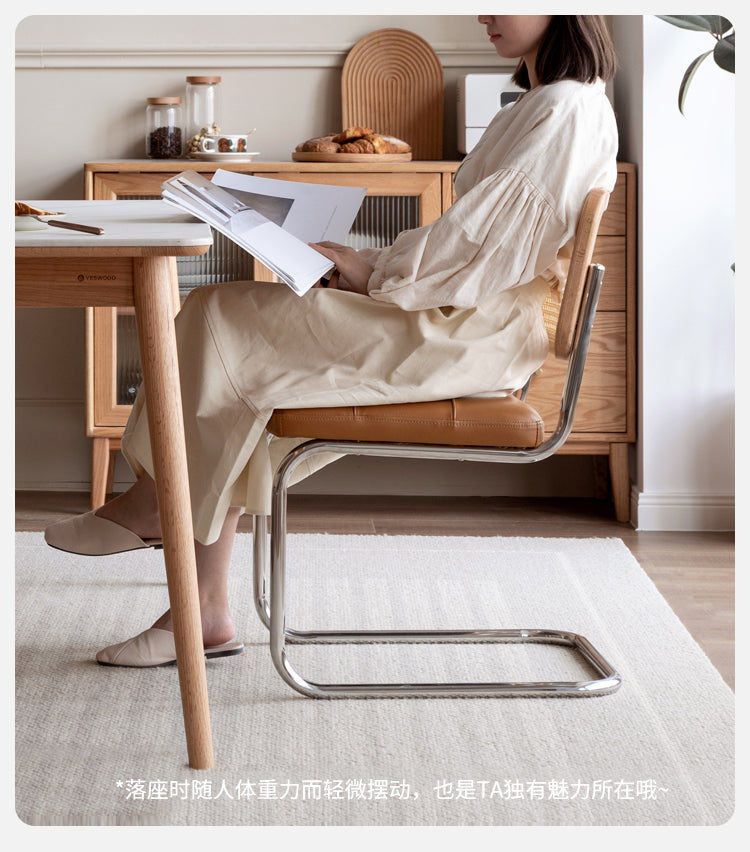4 pcs Oak Solid Wood Suspension Genuine Leather, Organic Leather Chair