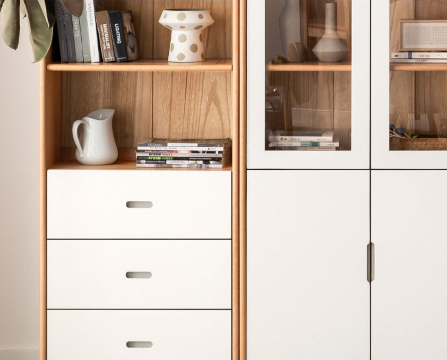 European Beech, Oak Solid Wood Floor-Standing Bookshelf with Glass Door Display