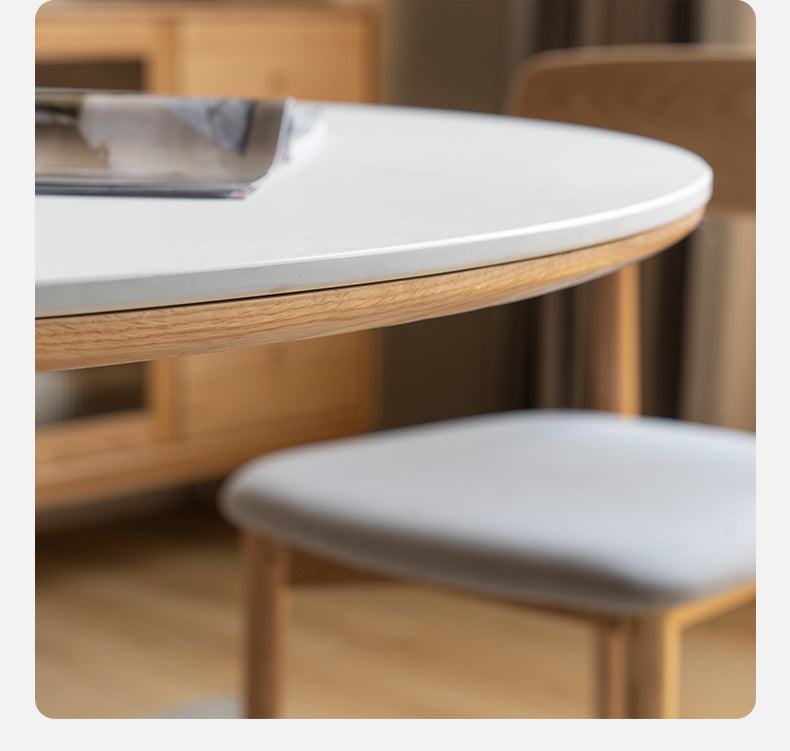 Oak Solid Wood Round Nordic Dining Table With Rock Slab Surface