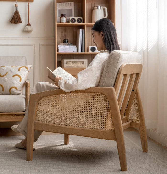 Oak Solid Wood Milky Skin Tone Armchair Rattan