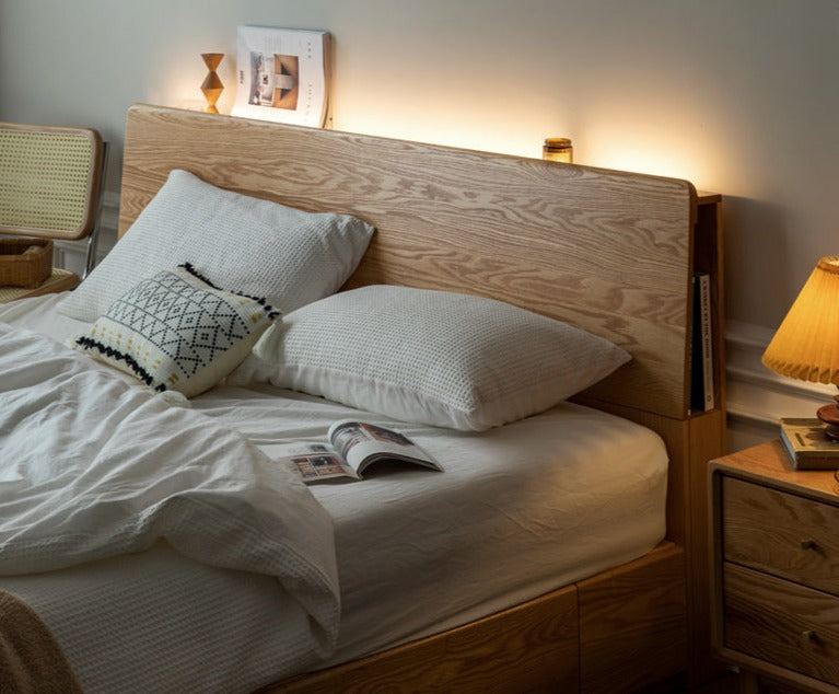 Oak Solid Wood Box Bed with Light And Bookshelf