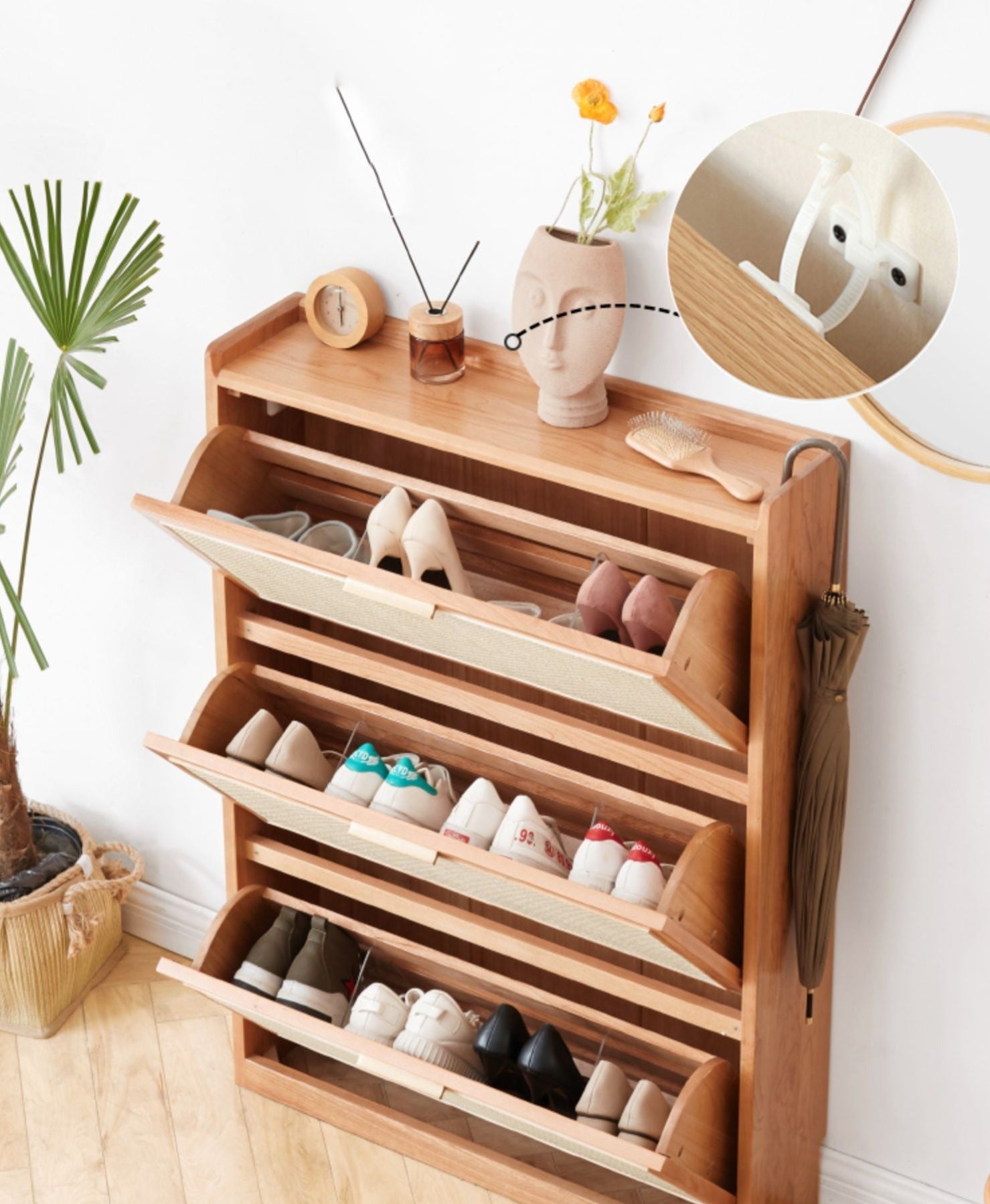 Oak Solid Wood Ultra-Thin Flap Door Rattan Shoe Cabinet