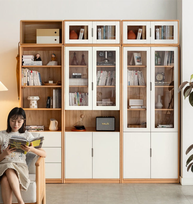 European Beech, Oak Solid Wood Floor-Standing Bookshelf with Glass Door Display