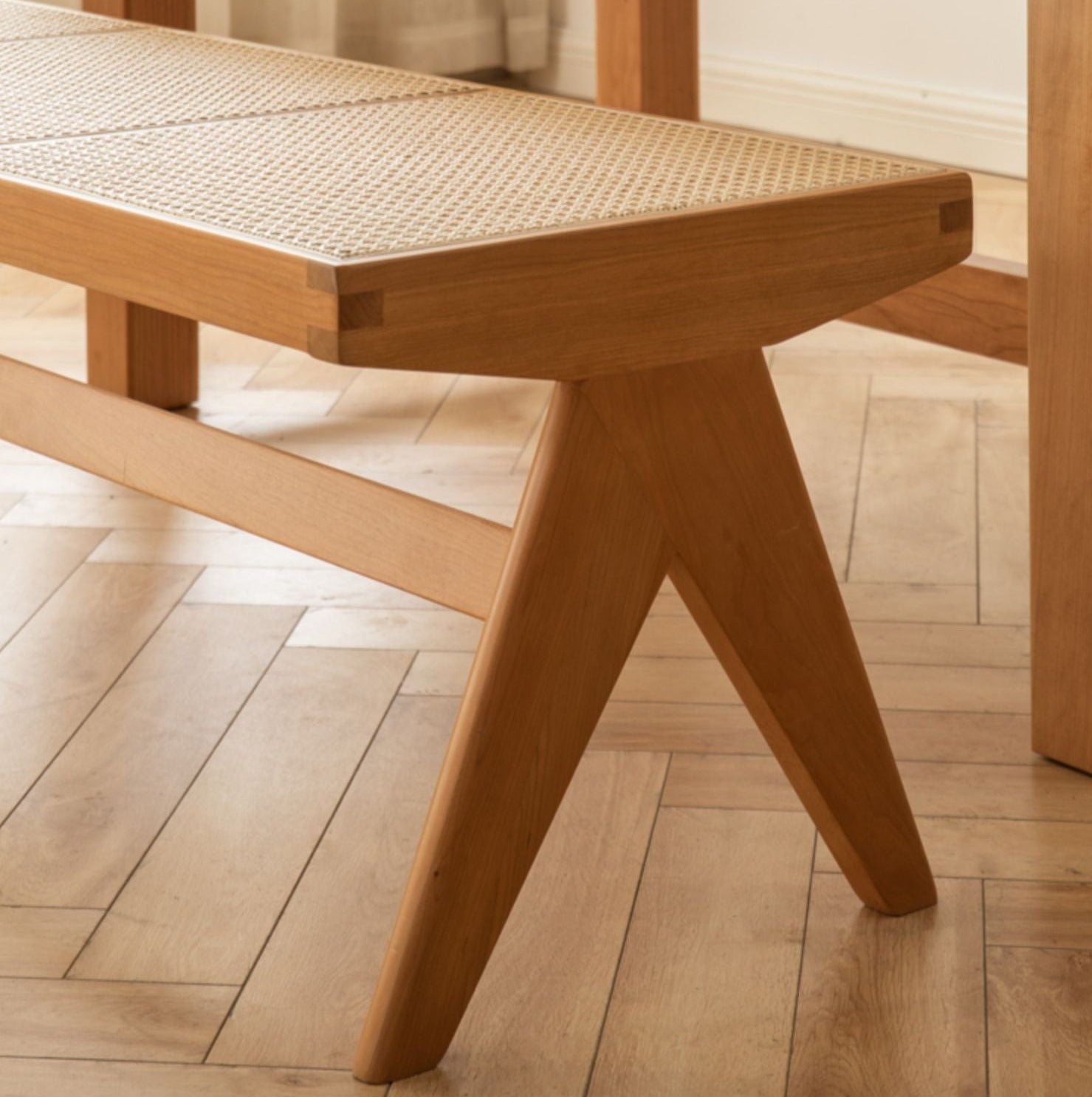 Cherry Solid Wood Rattan Retro Dining Bench