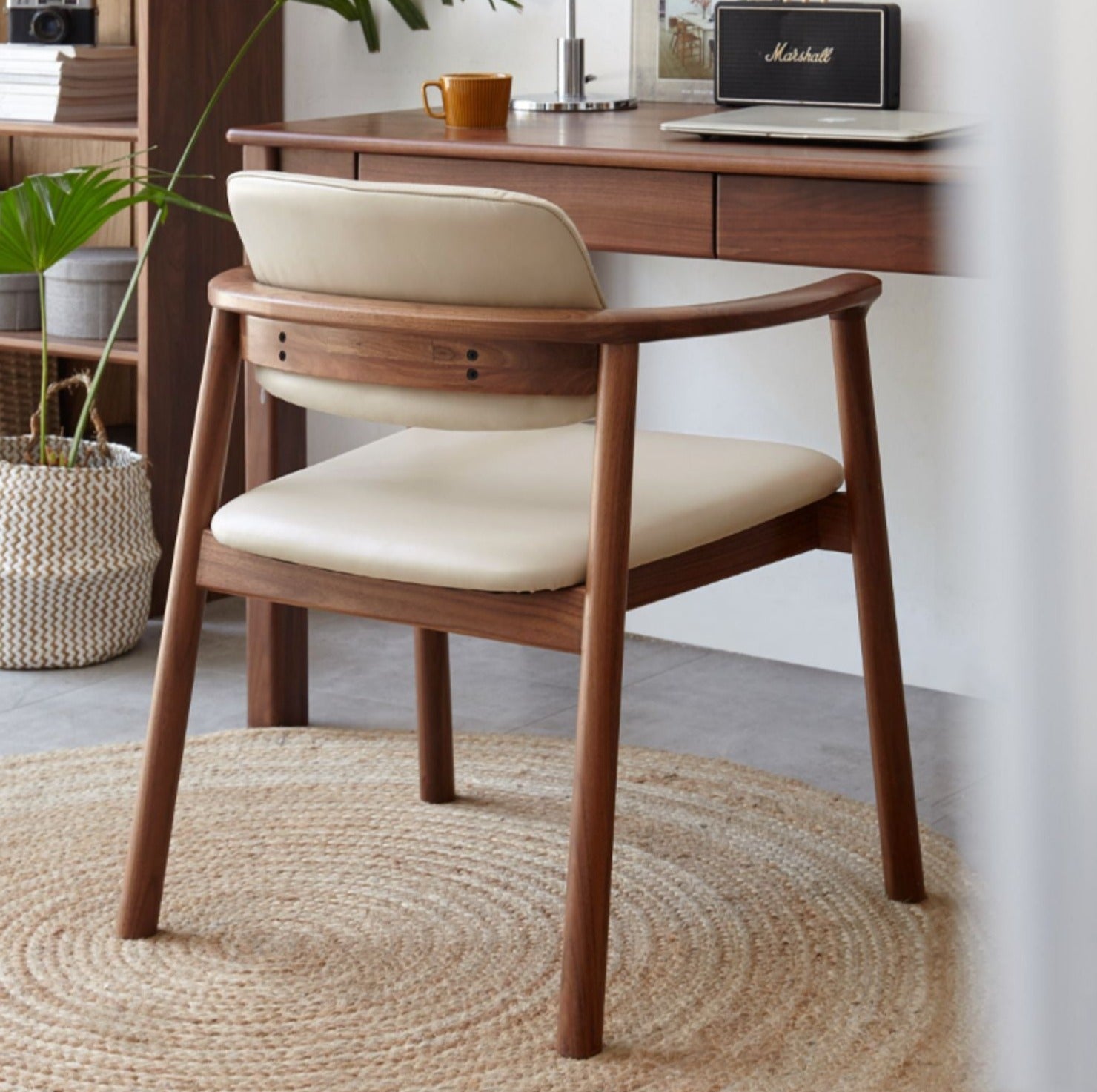 Black Walnut Solid Wood Top layer of Yellow Cowhide Armchair, Organic leather:
