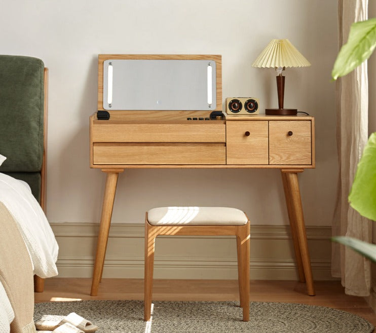 Oak Solid Wood, Solid RubberWood Vanity Table Mirror LED Touch Light.