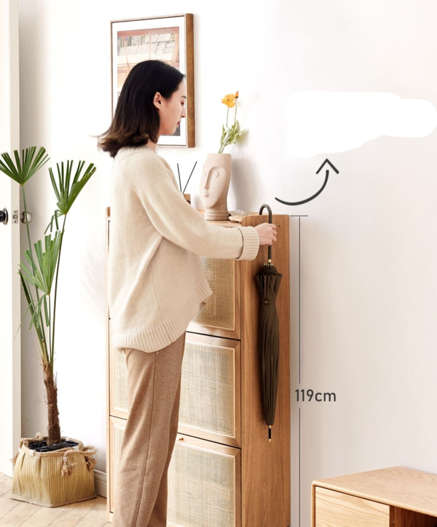 Oak Solid Wood Ultra-Thin Flap Door Rattan Shoe Cabinet