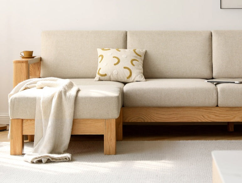 Solid Rubberwood, Oak Solid Wood Cotton Fabric Sofa
