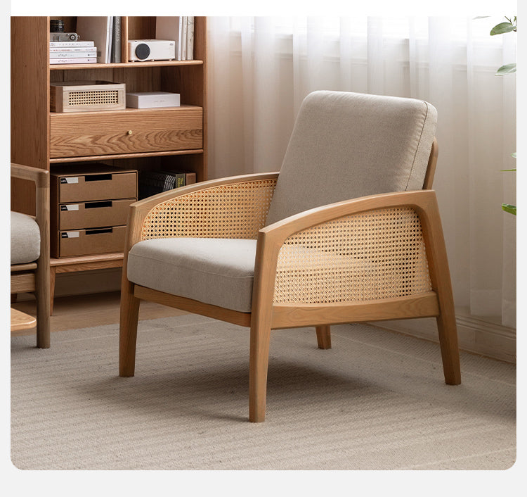 Oak Solid Wood Milky Skin Tone Armchair Rattan