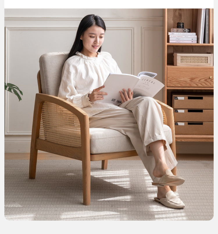 Oak Solid Wood Milky Skin Tone Armchair Rattan