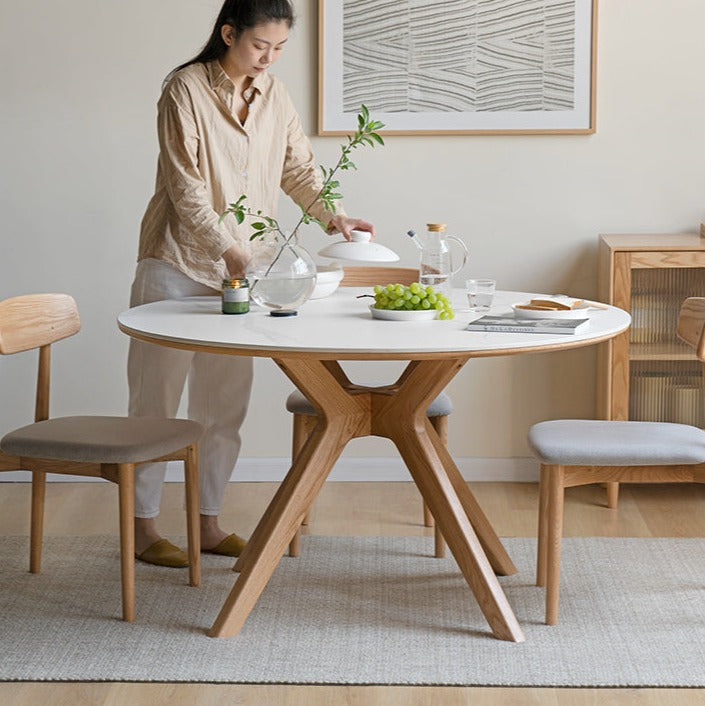 Oak Solid Wood Round Nordic Dining Table With Rock Slab Surface