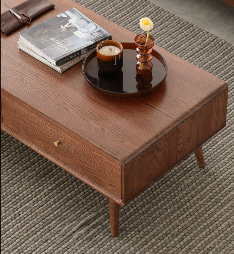 Oak Solid Wood Double-Sided Four-Drawer Coffee Table