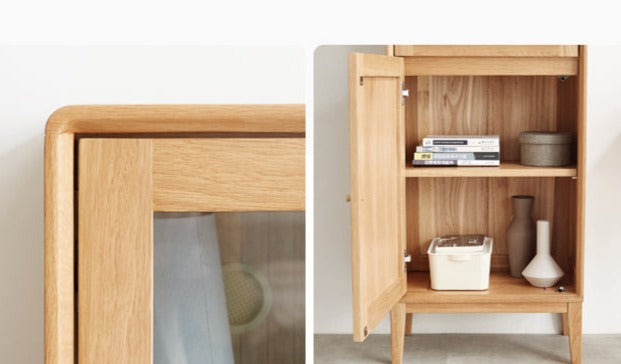Oak Solid Wood Narrow Bookcase With Doors