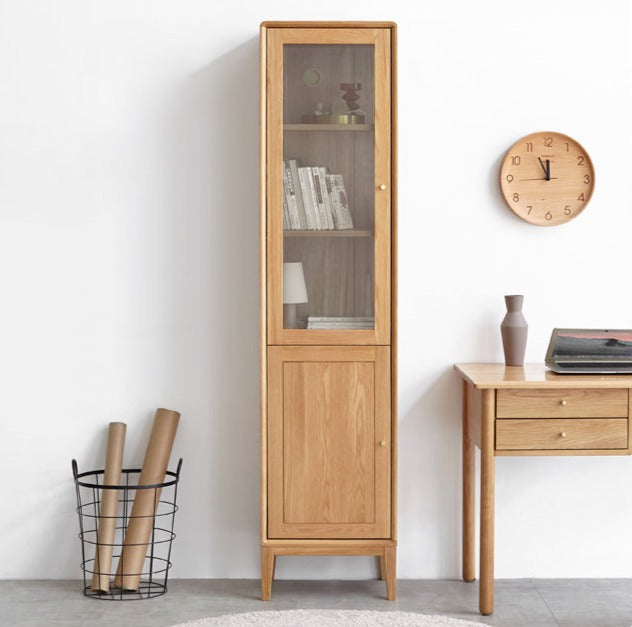 Oak Solid Wood Narrow Bookcase With Doors