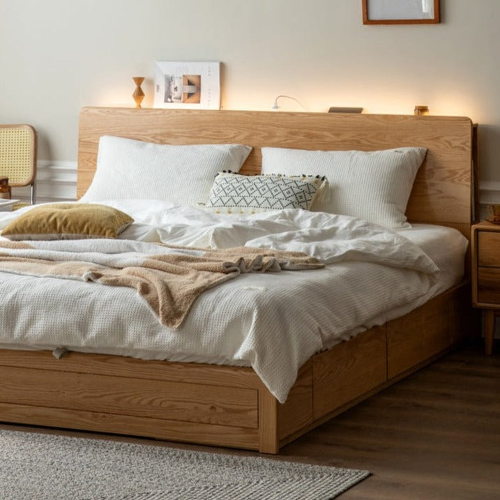 Oak Solid Wood Box Bed with Light And Bookshelf