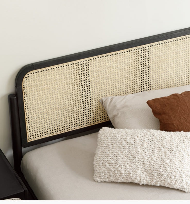 Oak Solid Wood Black Rattan bed