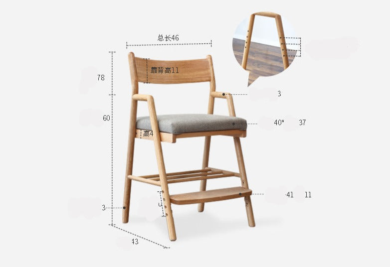 Oak Solid Wood Kids Chair Height-Adjustable.