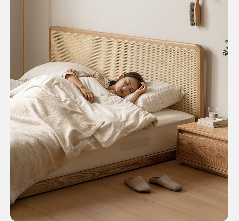 Ash Solid Wood Floor Bed Rattan