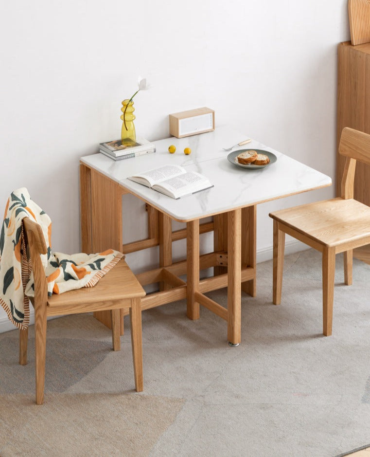 Oak Solid Wood Foldable Dining Table With Rock Slab Surface