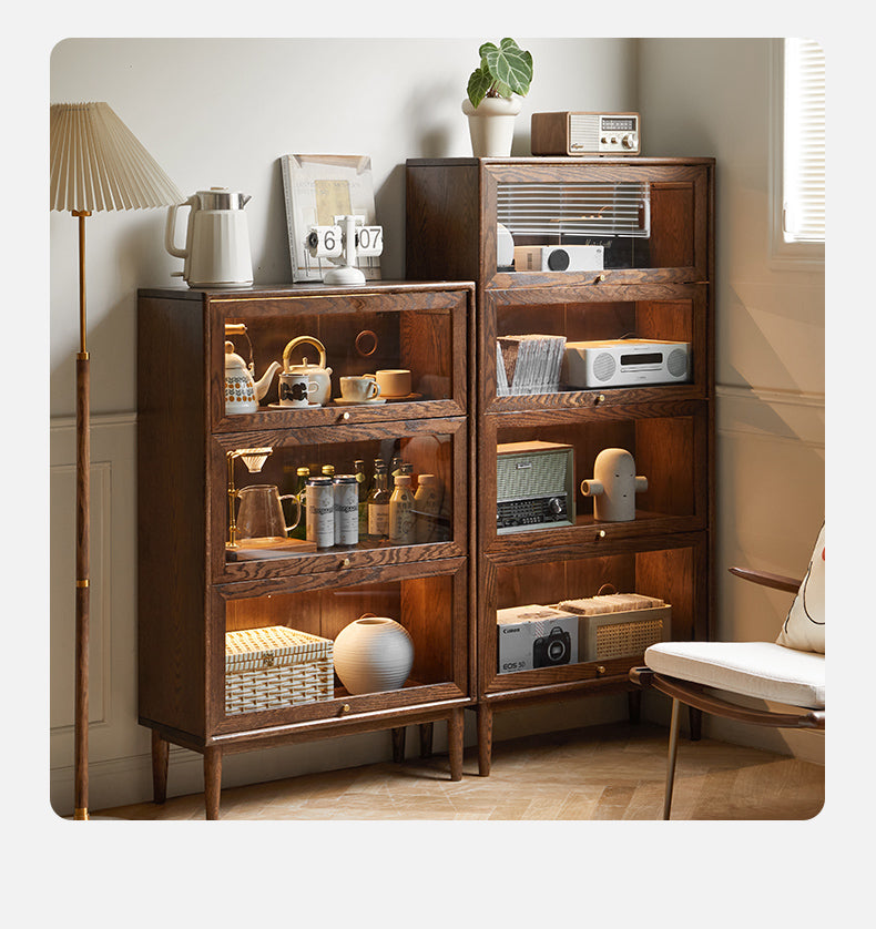 Black Walnut, Oak Solid Wood Glass Flip Door Bookcase, Side Cabinet