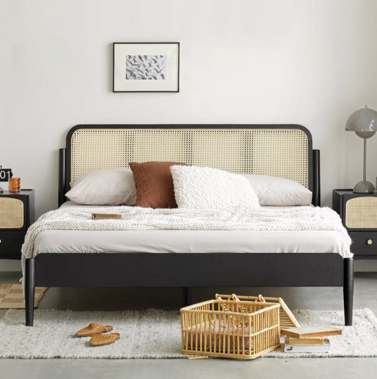 Oak rattan solid wood black bed