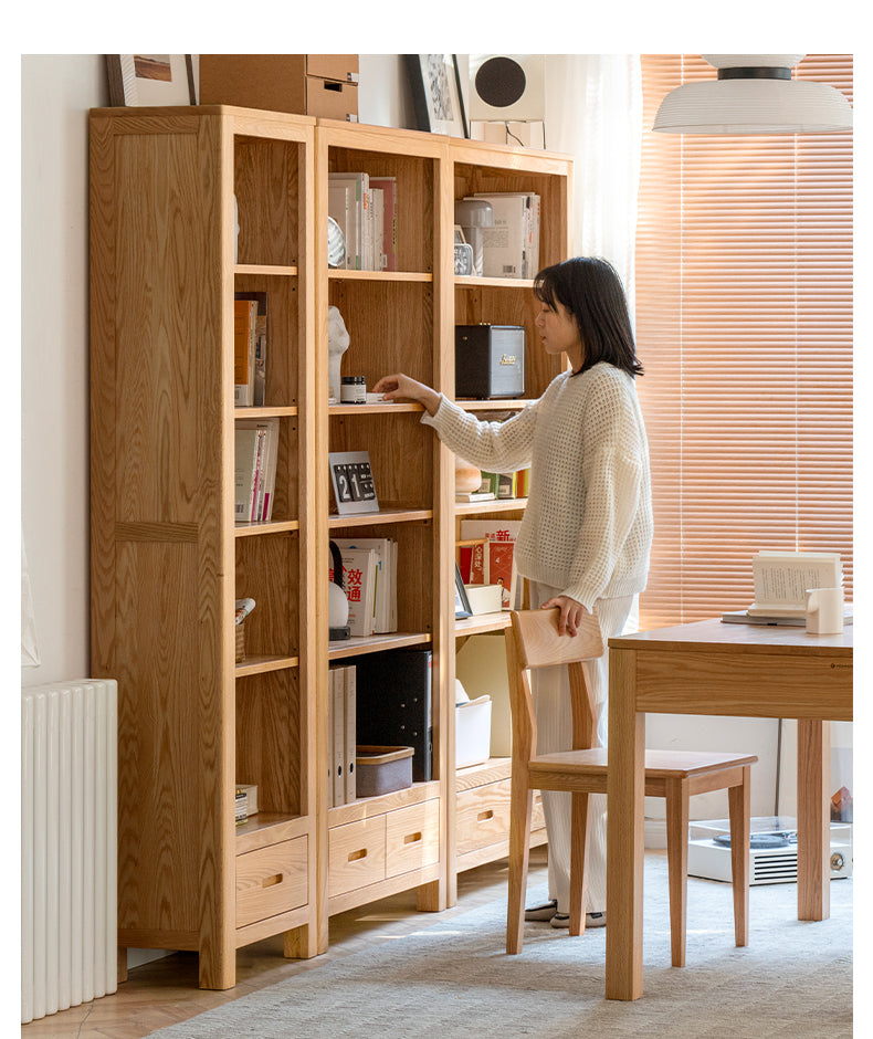 Oak, Rubberwood Solid Wood Drawer Bookcase