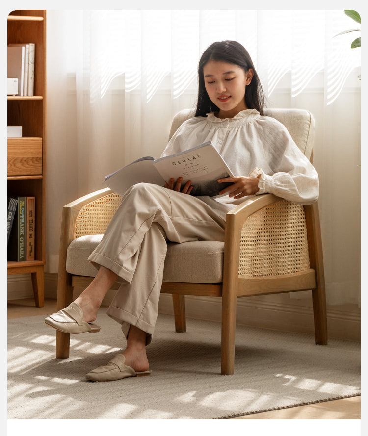 Oak Solid Wood Milky Skin Tone Armchair Rattan