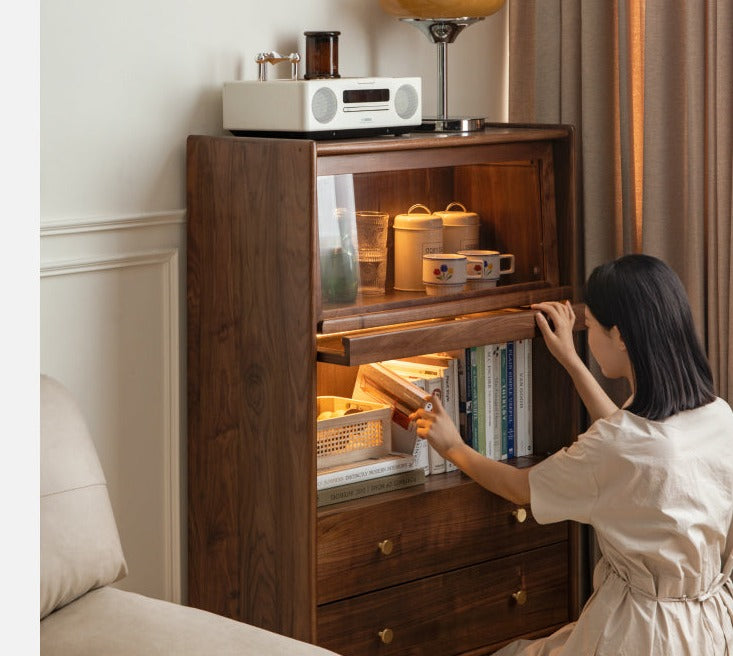 Sandalwood, Black Walnut, Oak Solid Wood Side Cabinet Flip Door LED Lights