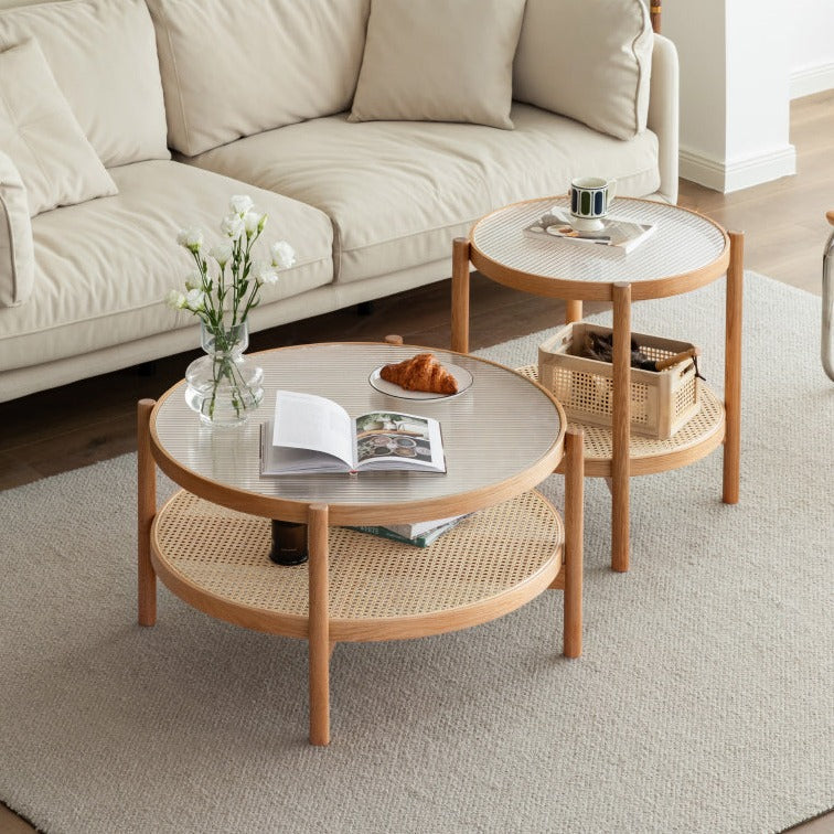 Oak Solid Wood, Glass, Rattan Coffee Table