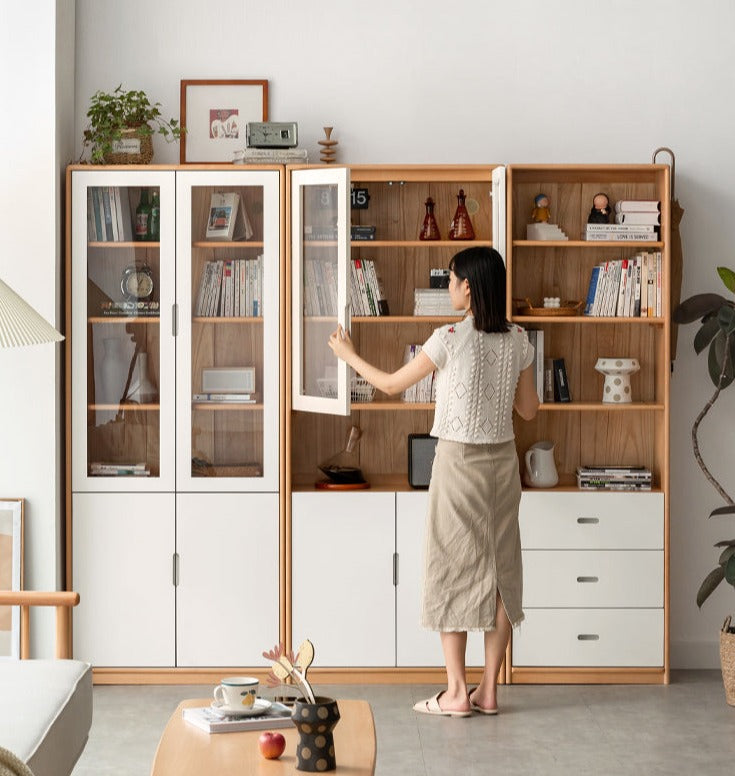 European Beech, Oak Solid Wood Floor-Standing Bookshelf with Glass Door Display