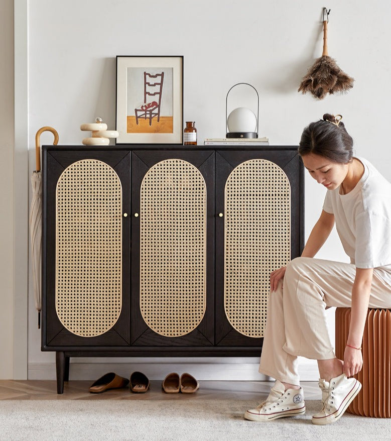 Oak Solid Wood Black Rattan Shoe Cabinet