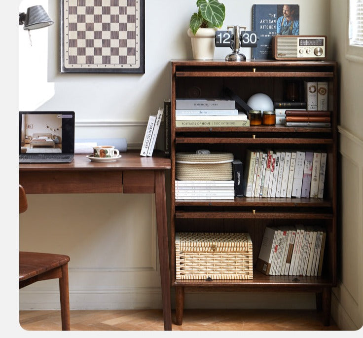 Black Walnut, Oak Solid Wood Glass Flip Door Bookcase, Side Cabinet