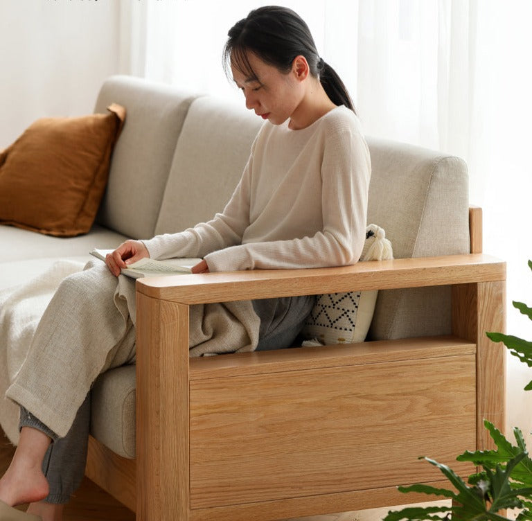 Solid Rubberwood, Oak Solid Wood Cotton Fabric Sofa
